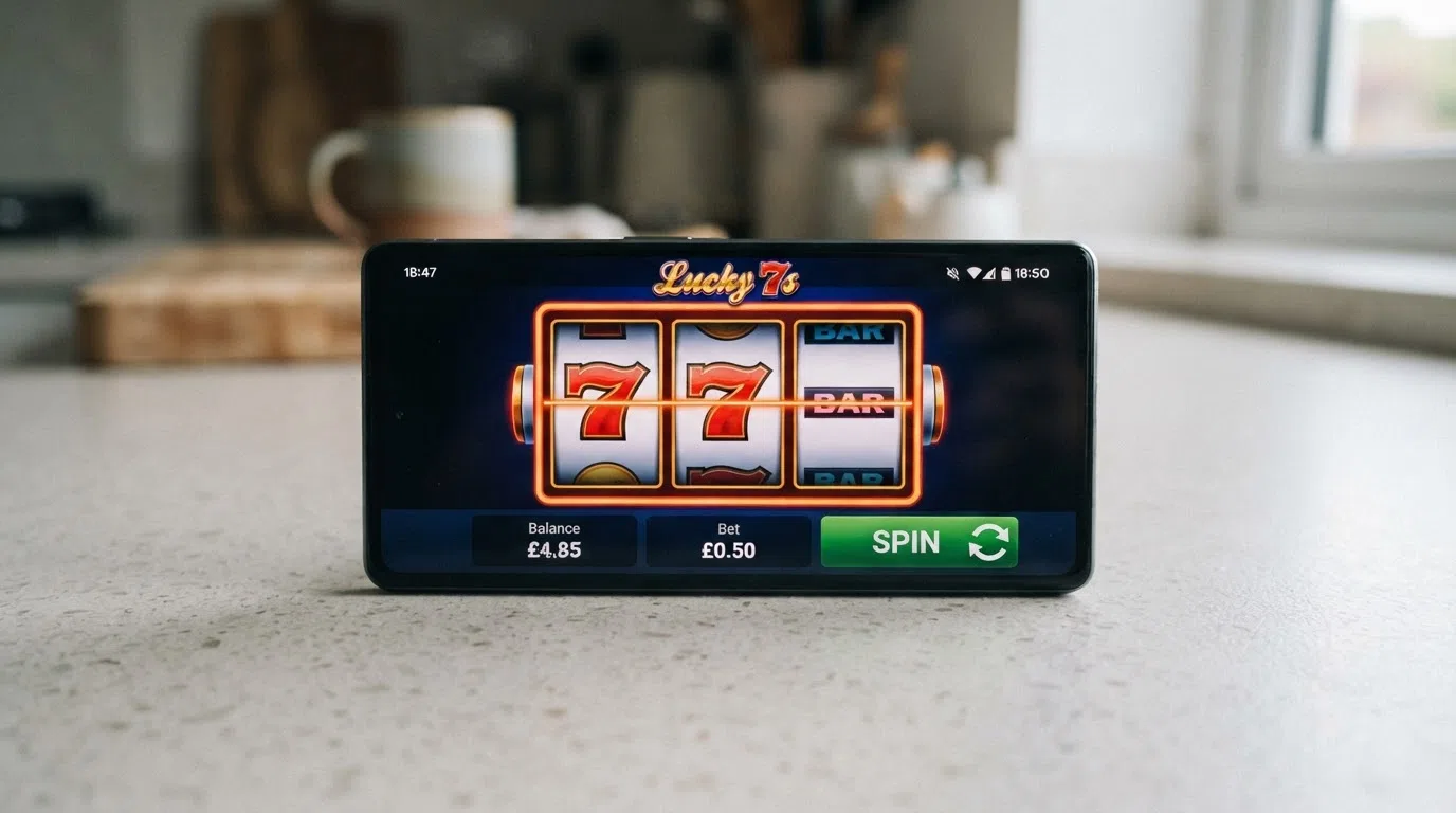 A close-up of digital slot reels on a mobile screen, with the spin button and balance display visible, showing a small remaining balance of a few pounds