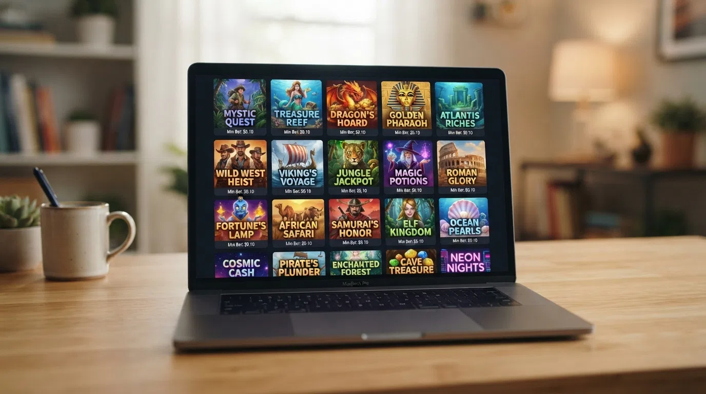 A grid of online slot game tiles on a casino homepage, showing recognisable titles including Book of Horus and Big Bass Splash with their minimum-bet labels