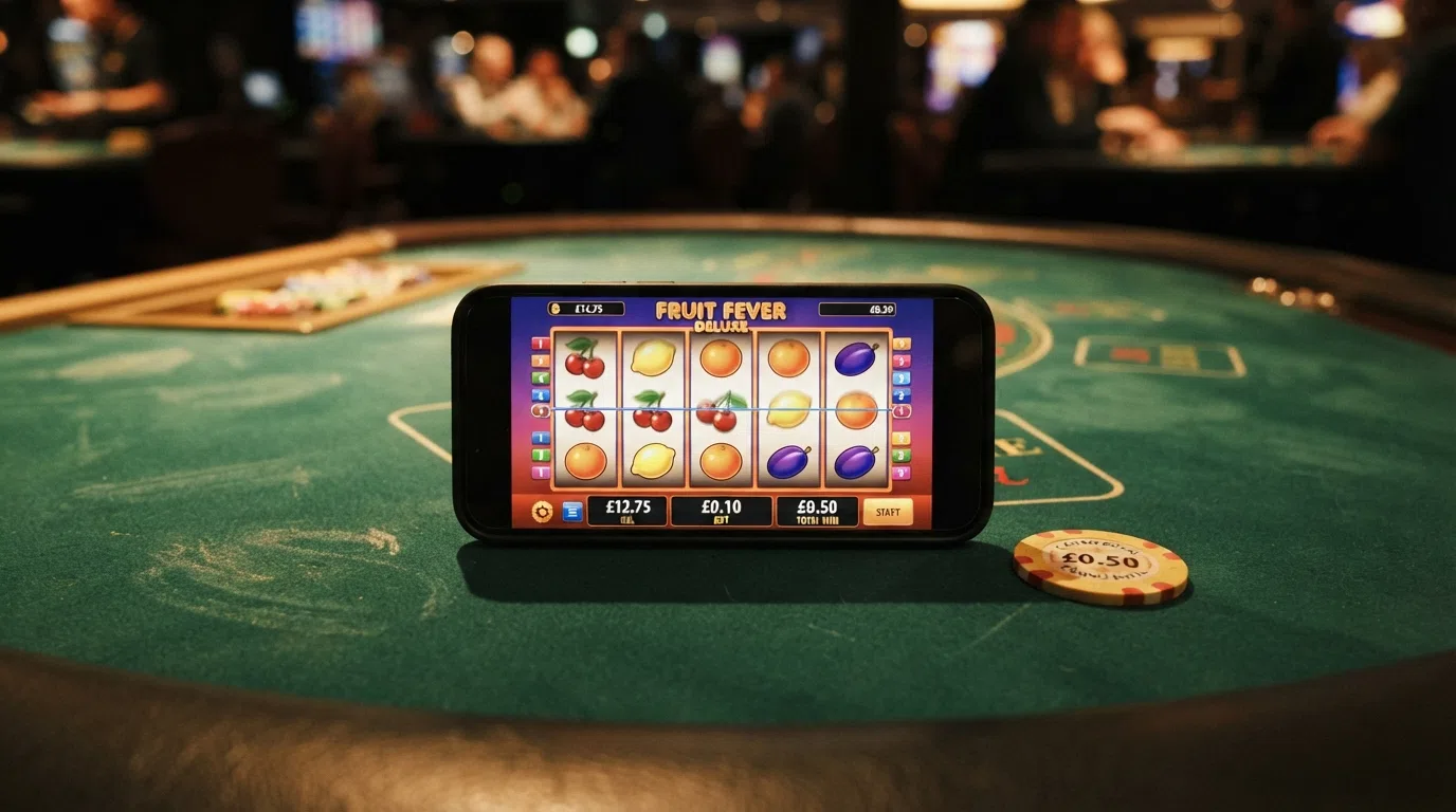 A slot game interface on a mobile screen showing a £0.10 bet, a modest balance and spinning reels with fruit symbols