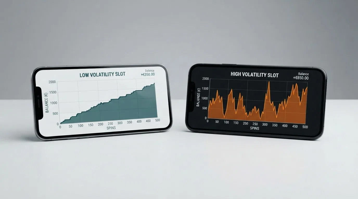 A side-by-side visual comparison of two slot session result graphs — one showing the frequent smaller wins of a low-volatility slot with a steady balance line, the other showing the sparse large wins and deep troughs of a high-volatility slot