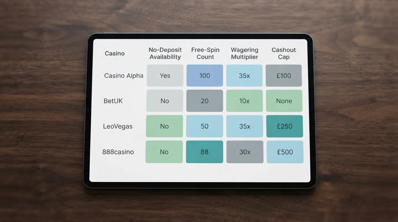 A side-by-side grid of UK casino welcome offers with no-deposit availability, free-spin counts, wagering multipliers and cashout caps displayed as labelled rows