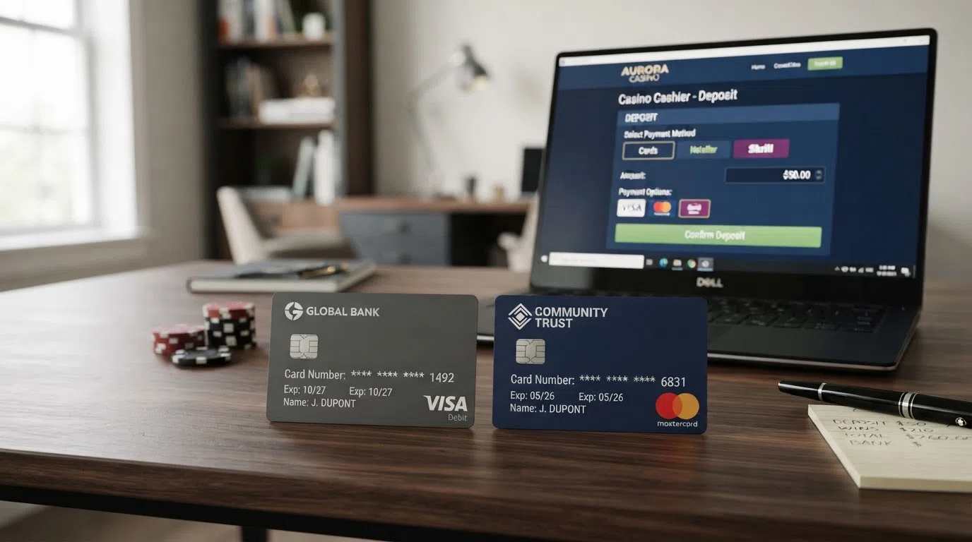 A Maestro card placed next to a Debit Mastercard on a desk with a laptop showing a casino cashier page in the background