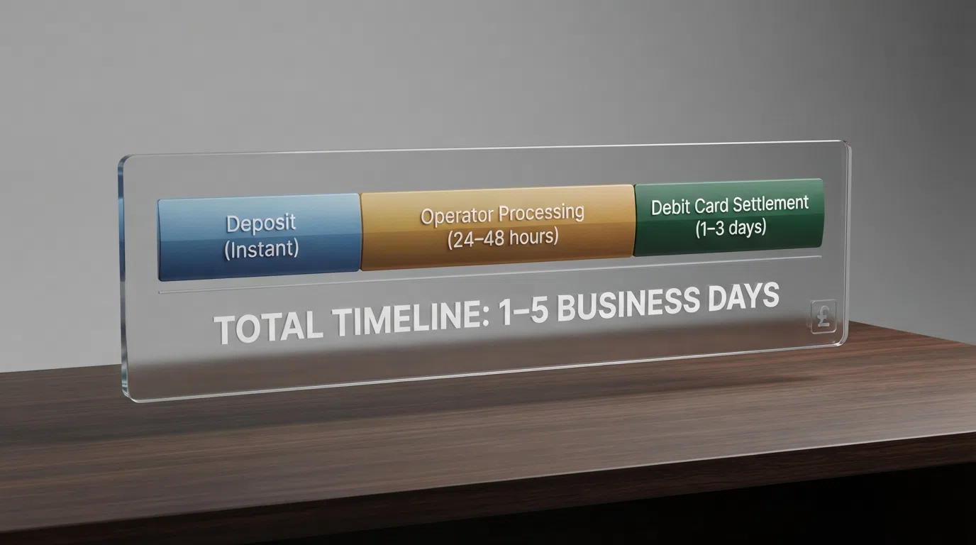 A casino cashier screen showing the withdrawal options with Mastercard listed alongside processing-time estimates