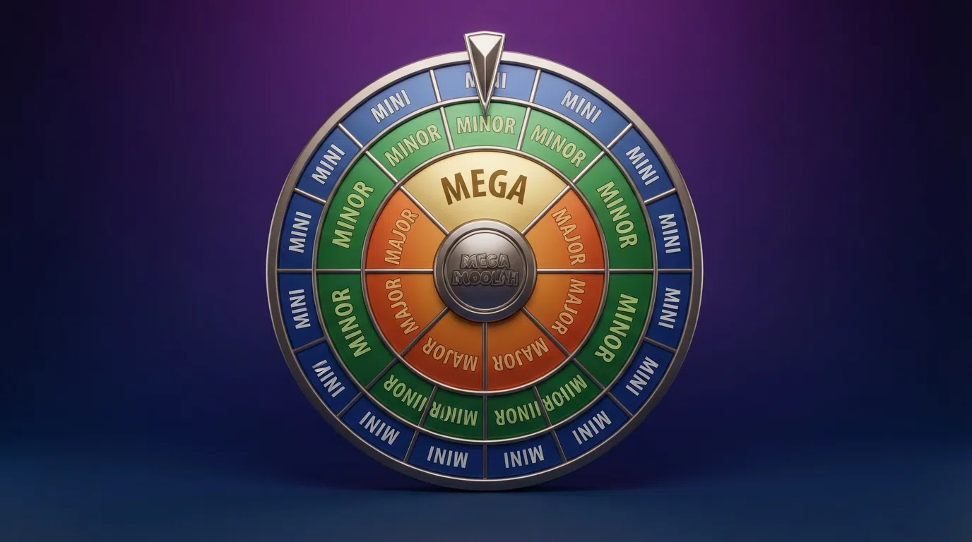 The Mega Moolah bonus wheel segmented into four coloured rings — Mini in blue, Minor in green, Major in orange and Mega in gold — with a pointer at rest