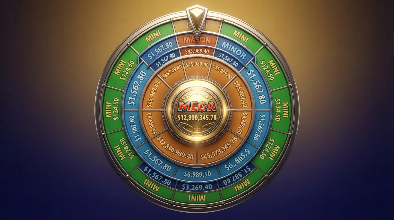 The Mega Moolah jackpot bonus wheel with four concentric coloured segments labelled Mini in green, Minor in blue, Major in orange and Mega in gold, with a pointer arrow at the top of the wheel