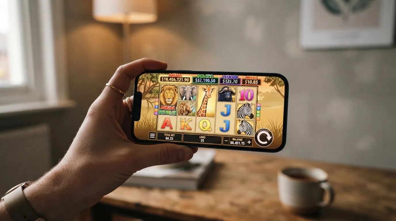 A smartphone held horizontally showing the Mega Moolah slot interface with five reels, the progressive jackpot meter, and touch-optimised spin and stake-selector buttons filling the screen