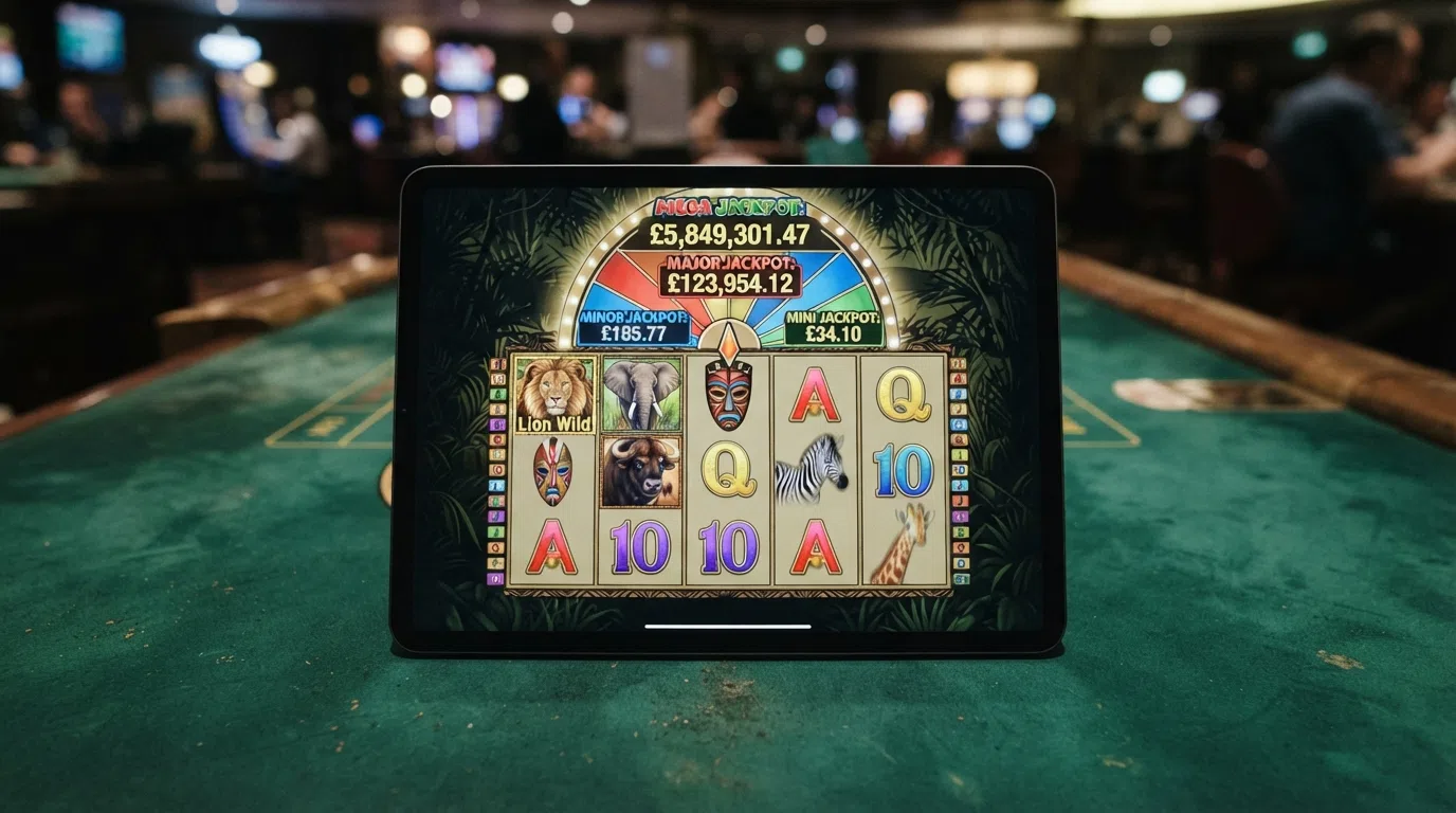 The Mega Moolah slot reels with the four-tiered jackpot wheel displayed above the grid showing the Mega, Major, Minor and Mini prize values in sterling