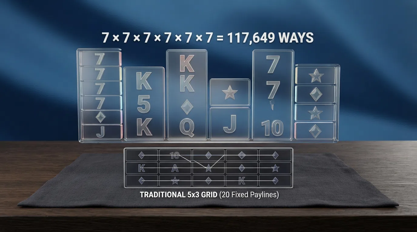 A diagram comparing a standard 5×3 slot grid against a Megaways 6-reel variable-row grid, with the 7×7×7×7×7×7 = 117,649 calculation overlaid