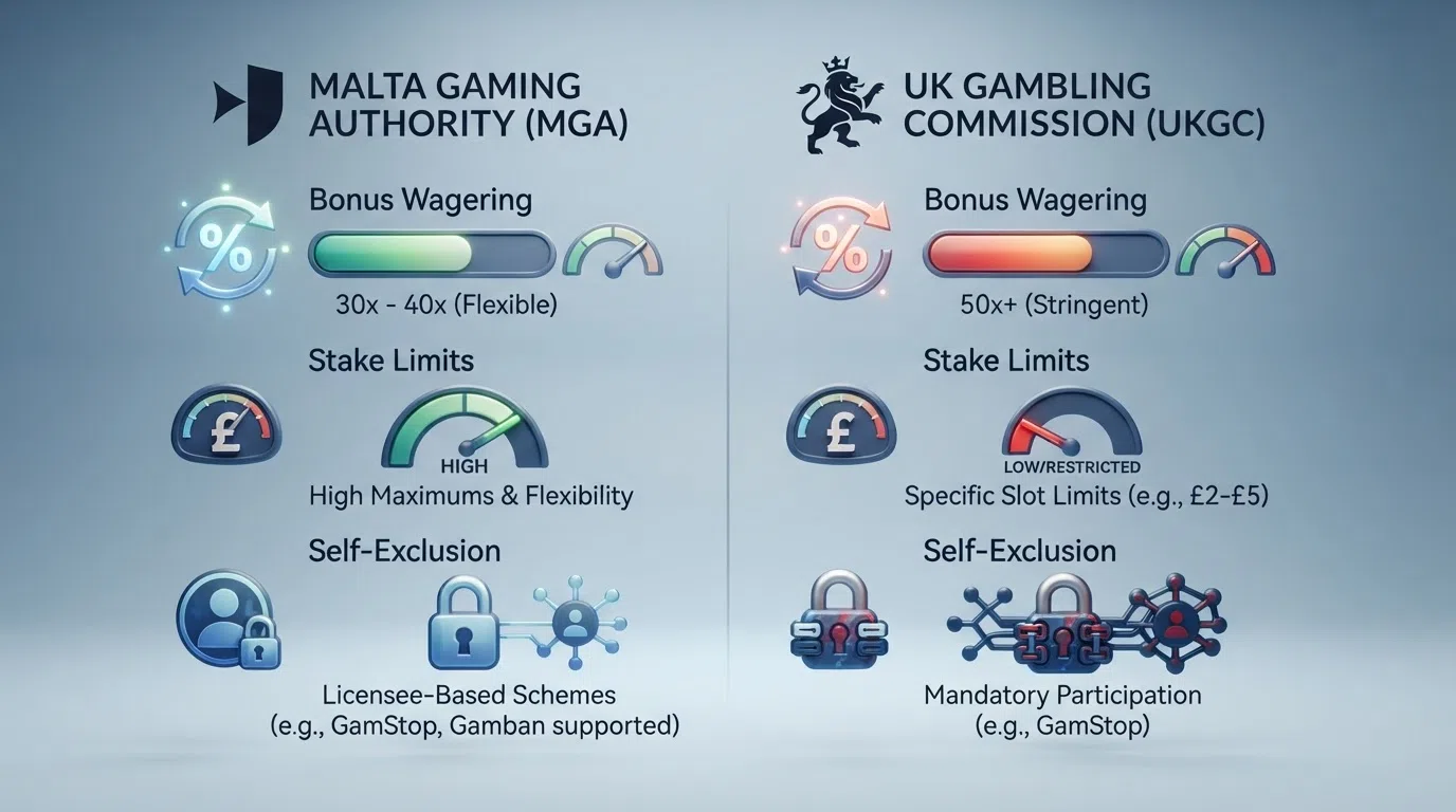 A side-by-side diagram: two columns headed “MGA” and “UKGC” with icons representing bonus wagering (a percentage symbol and spinning arrows), stake limits (a pound sign inside a speedometer), and self-exclusion (a padlock), with the UKGC column showing more restrictive markers and the MGA column showing broader ranges