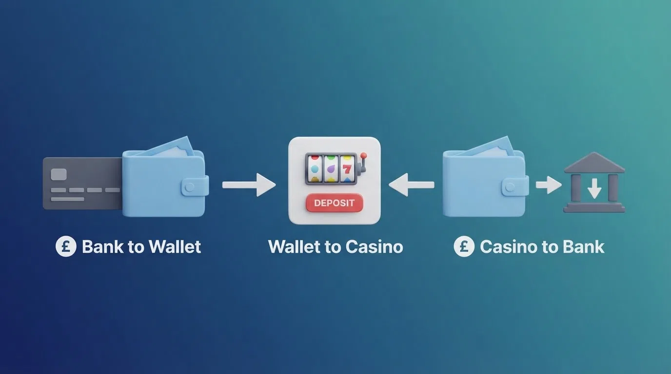 A diagram-style illustration showing the three stages of a MiFinity casino payment — bank to MiFinity wallet, wallet to casino, casino back to wallet
