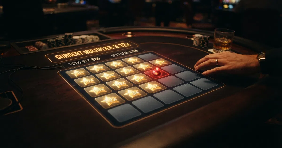 A 5×5 grid of tiles on a dark casino background, some revealing star gems and one exposed as a red bomb, with a multiplier counter displayed above the grid