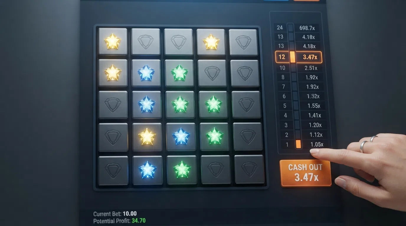 A close-up diagram of the 5×5 Mines grid with several safe tiles revealed, the multiplier ladder escalating beside the grid, and the cash-out button highlighted