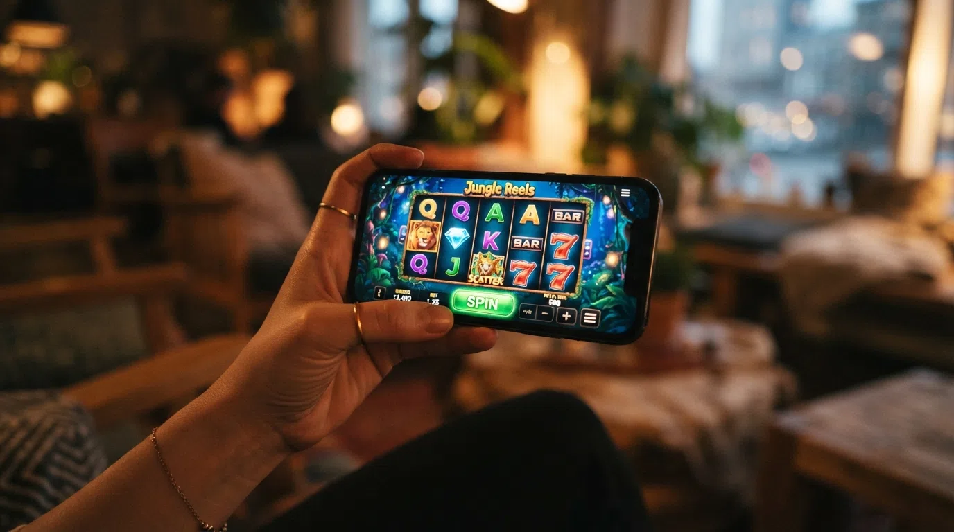 A hand holding a smartphone in landscape orientation displaying a casino slot game with the spin button centred at the bottom of the screen