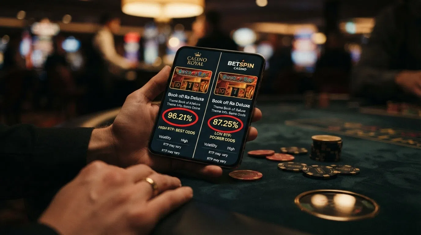 A split smartphone screen comparing the game-info panels of two slot titles — one showing 96.21% RTP and another showing 87.25% RTP for the same game — with the RTP figure circled on each