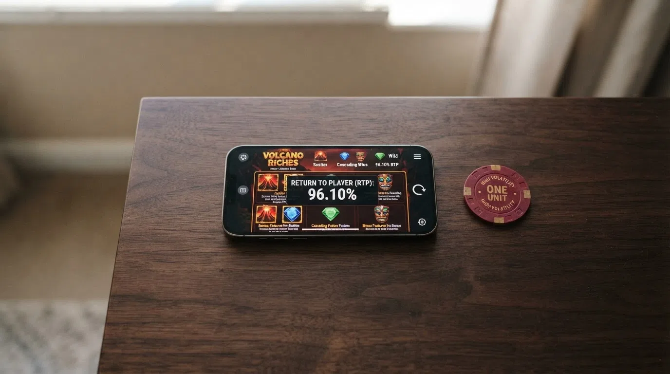 A smartphone screen displaying the Money Train 4 in-game paytable with the RTP figure of 96.10% visible, held in a player's hand against a softly lit background