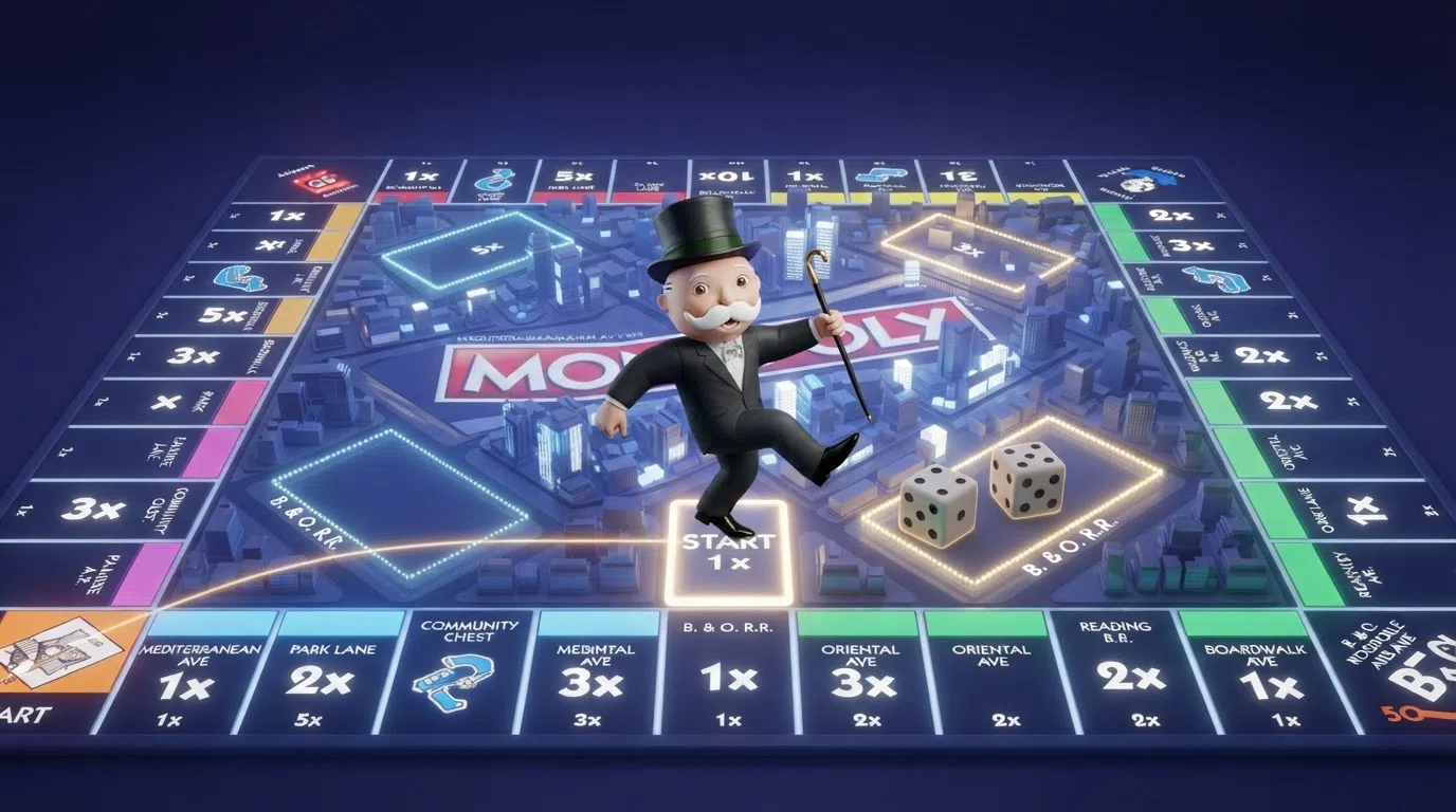 Mr Monopoly, the animated character, moves across a 3D city board overlaid on a live casino studio feed, with property multipliers visible on each square