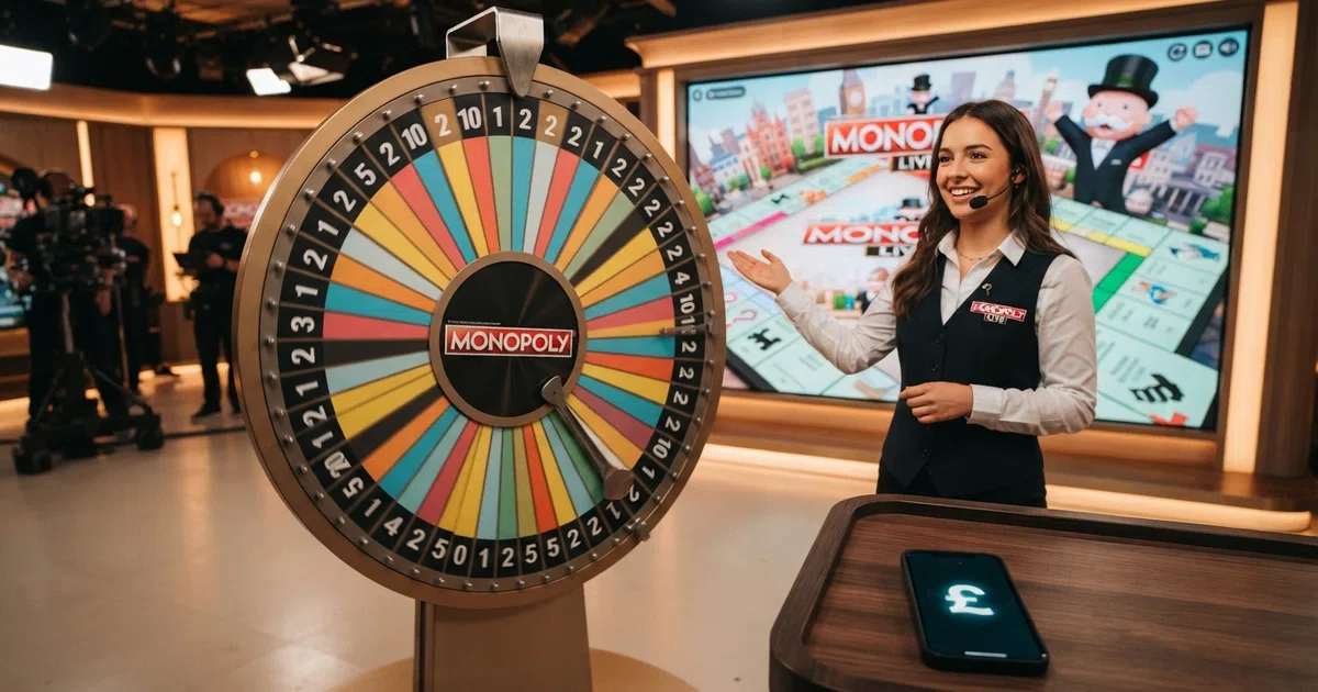 A live dealer stands beside a large spinning money wheel in a television-style studio, with a 3D augmented-reality Monopoly board display visible on screen