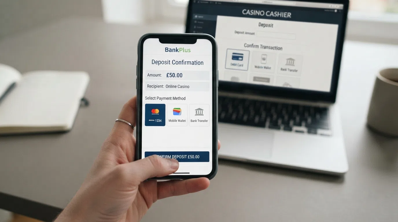 A close-up of the Monzo app deposit screen showing the three payment rails — card, Apple Pay and bank transfer — against a casino cashier page