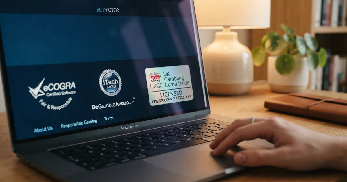 A UK Gambling Commission licence badge displayed prominently on a casino website footer, next to eCOGRA and iTech Labs certification seals