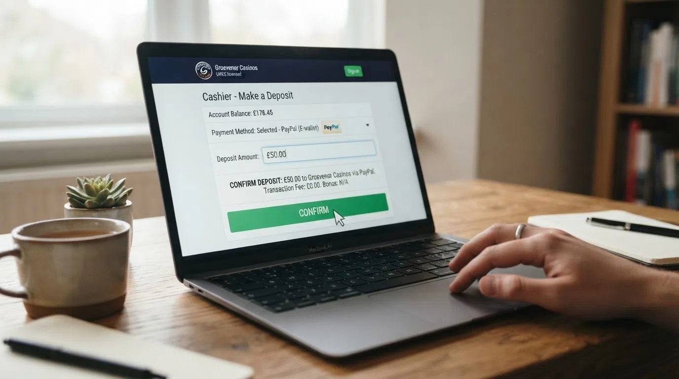 A UK online casino cashier screen with MuchBetter selected as the deposit method, showing the amount field and a confirmation prompt