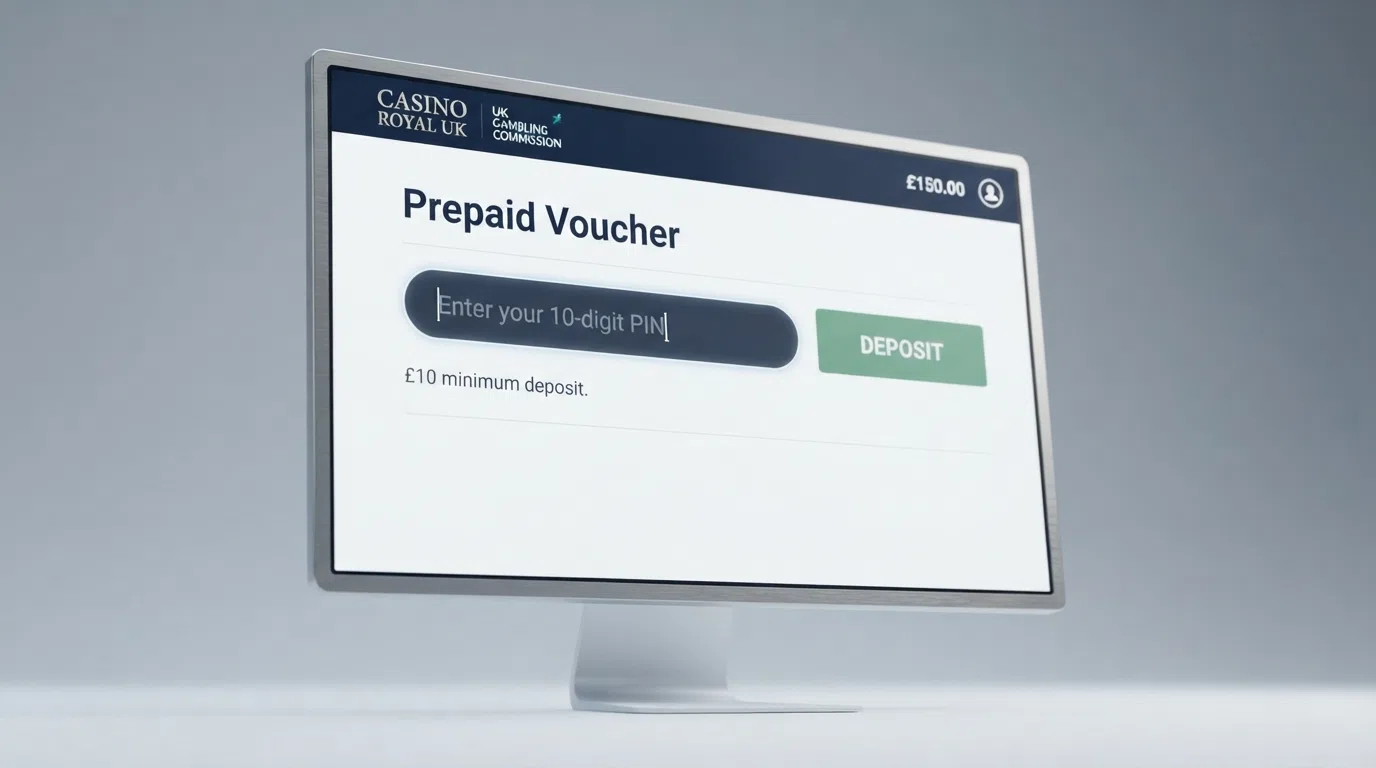 The Neosurf deposit screen on a UK casino cashier page, showing the PIN entry field and a £10 minimum deposit notice