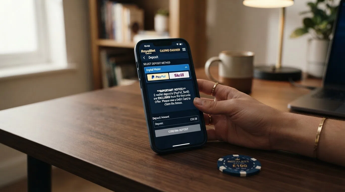 A casino cashier screen showing the Neteller deposit option with an on-screen notice that e-wallet deposits are excluded from the welcome offer