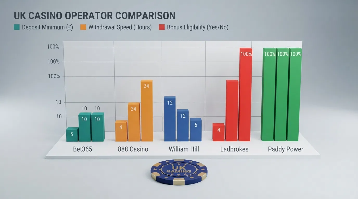A side-by-side visual comparison of deposit minimums, withdrawal speed labels and bonus eligibility tags across ten featured UK casino operators