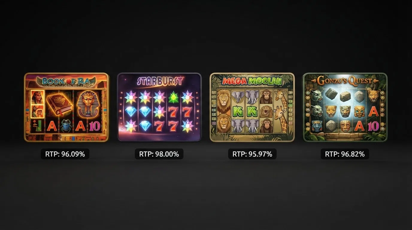Four NetEnt slot game tiles for Starburst, Blood Suckers, Gonzo's Quest and Dead or Alive with their RTP percentages displayed beneath each title