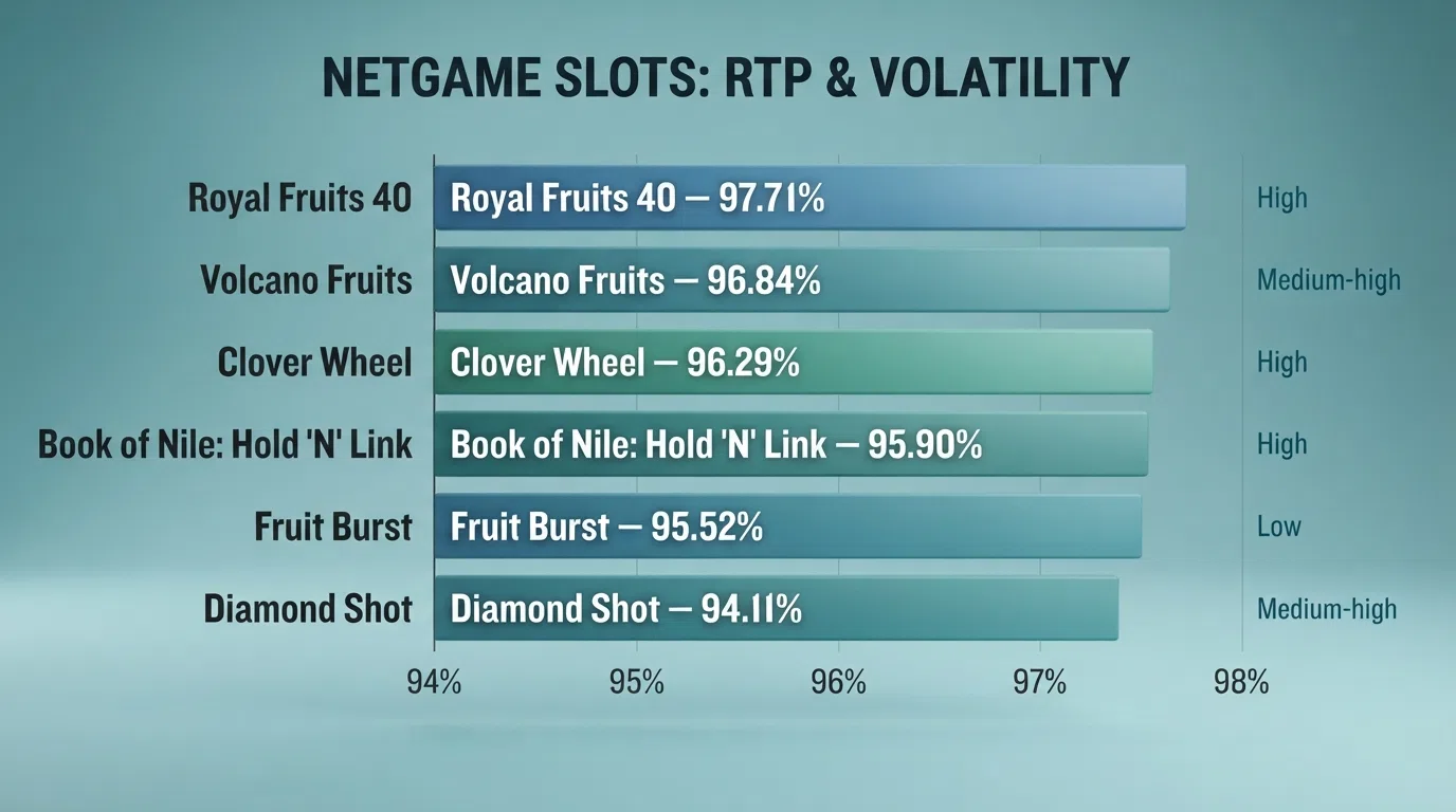 A horizontal bar chart mapping six NetGame slot titles against their RTP percentages, with volatility labels beside each bar