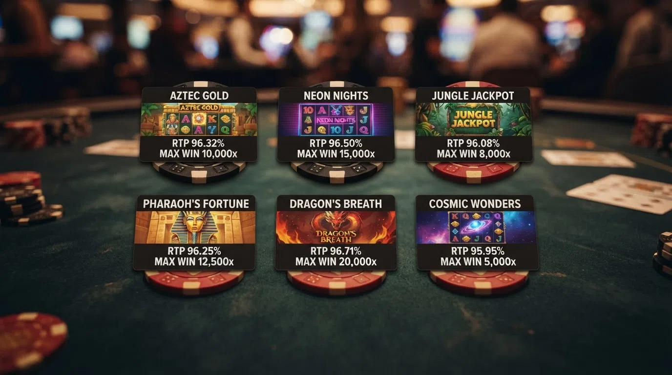 A grid of the newest slot titles showing their RTP percentages and max-win multipliers