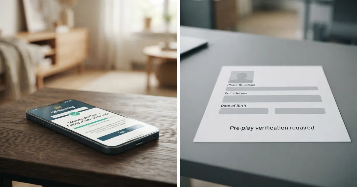 A split-frame illustration: on the left, a smartphone showing a bank login screen with a progress bar labelled "Identity Verified — Playing in under 60 seconds," and on the right, a UKGC badge with the text "Pre-play verification required" beneath a traditional registration form showing photo-ID upload and address fields.