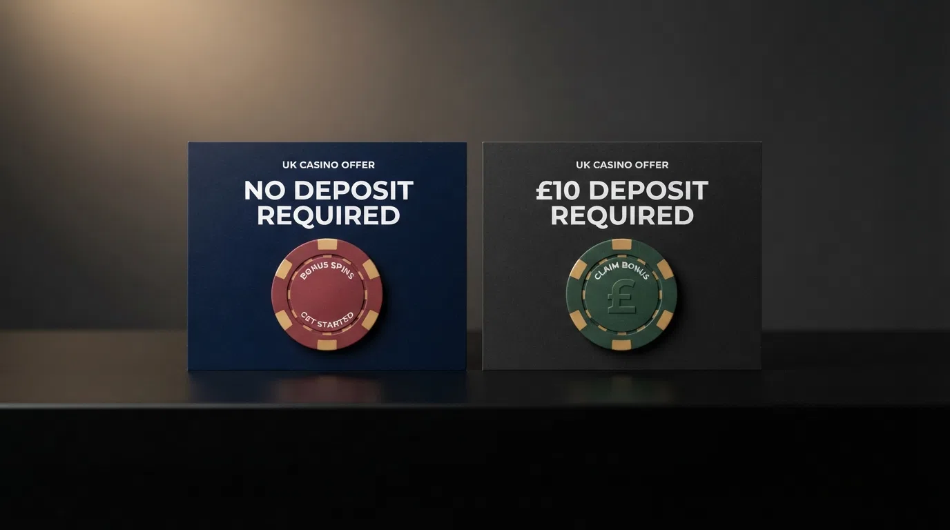 Side-by-side view of two UK casino offer cards — one labelled no deposit required and the other showing a £10 deposit trigger