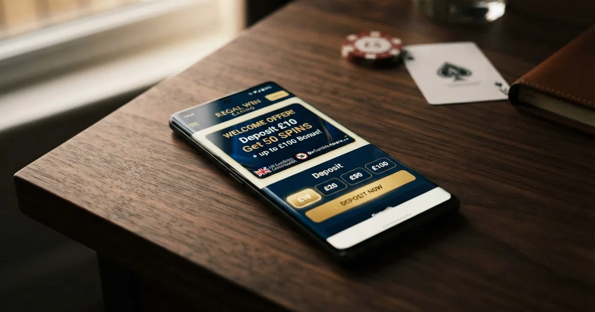A smartphone displaying a UK online casino homepage with a welcome offer banner and a deposit-amount selector showing £10 as the lowest option