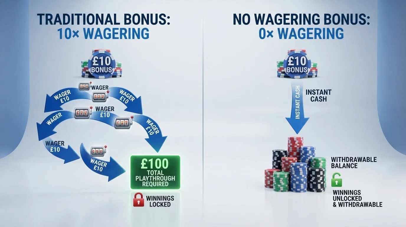 A side-by-side comparison graphic: on the left, a bonus labelled “10× wagering” with arrows showing £100 of required playthrough; on the right, “0× wagering” with winnings going straight to a cash balance