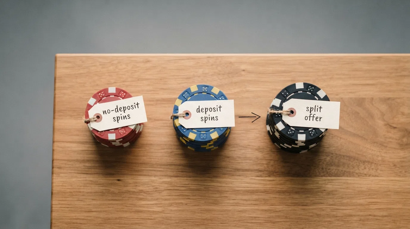 Three labelled stacks of casino chips or free-spin icons: a small stack labelled “no-deposit spins,” a medium stack labelled “deposit spins” and a large stack labelled “split offer” with an arrow between them showing increasing deposit commitment