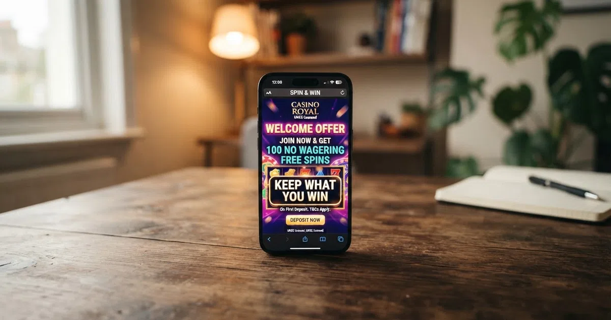 A UK online casino welcome screen displaying a no-wagering free spins promotion with the words “keep what you win” visible on a slot game background