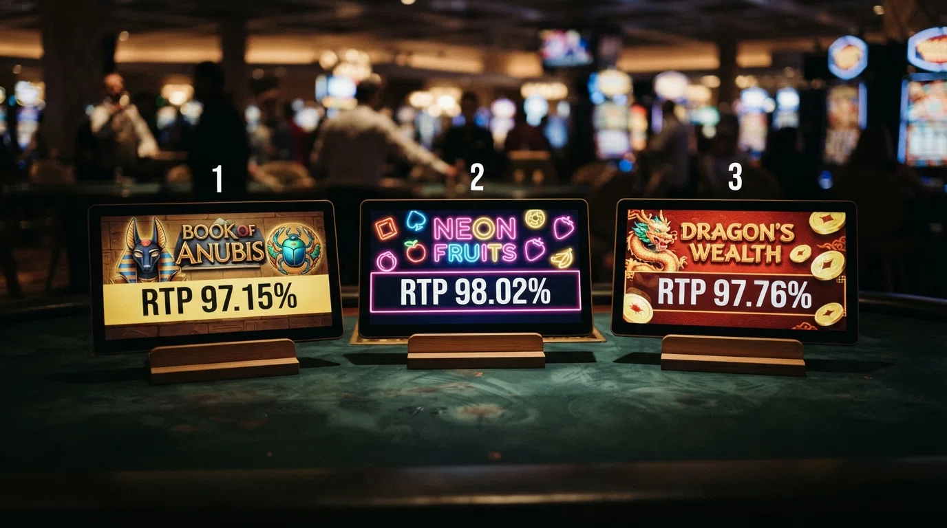 The title screens of Big Bass Bonanza, Big Bass Splash and Book of Dead arranged side by side with their RTP percentages overlaid