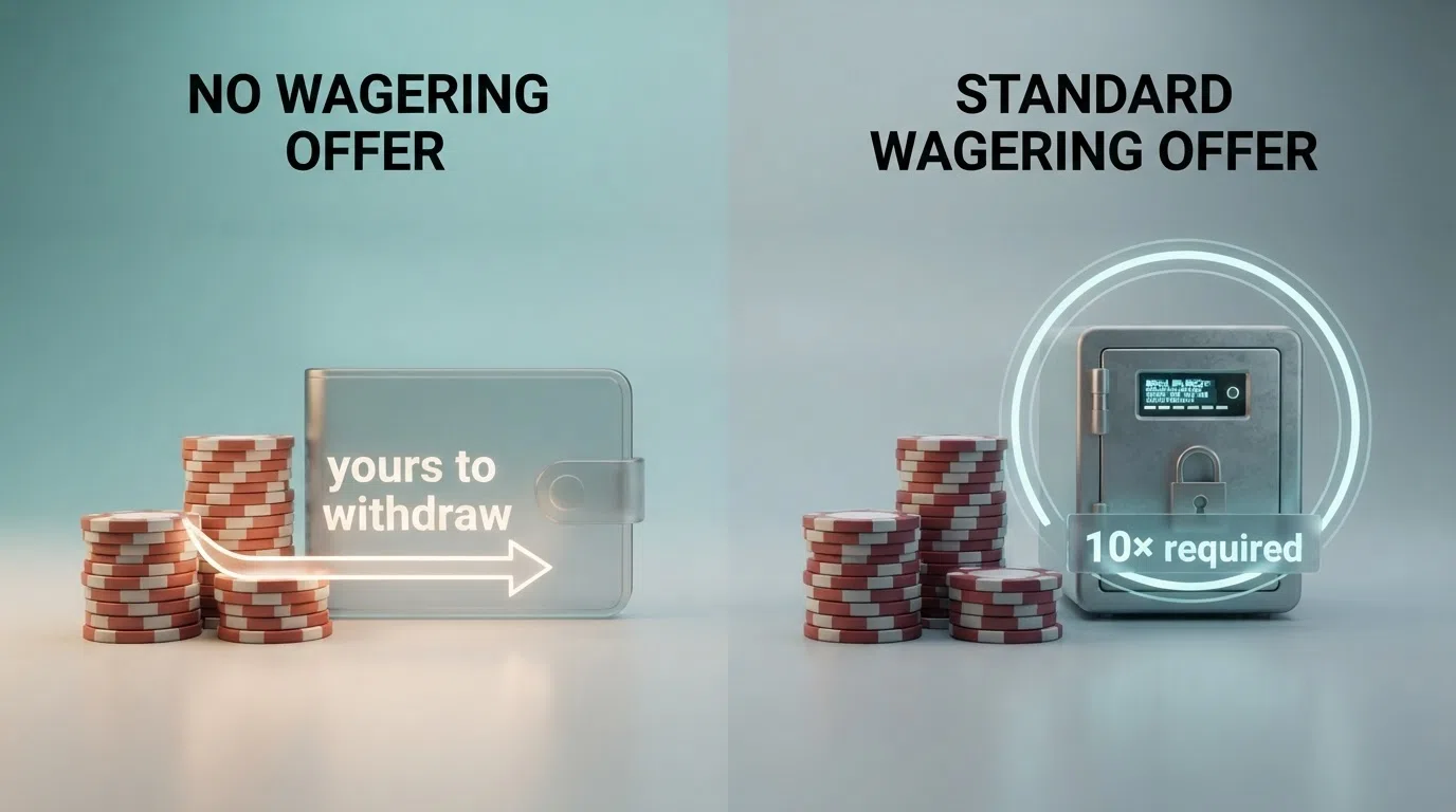 A simplified side-by-side visual: on the left, free-spin winnings move directly to a withdrawable cash balance labelled “yours to withdraw”; on the right, winnings enter a bonus balance with a “10× playthrough required” loop before reaching the cash balance