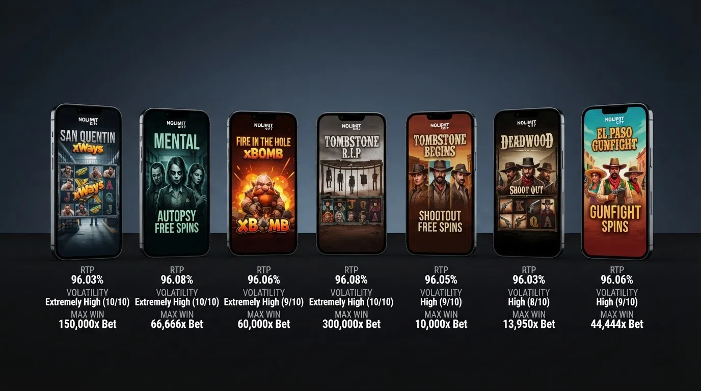 Seven Nolimit City slot titles displayed with their RTP percentage, volatility rating and maximum win multiplier beneath each