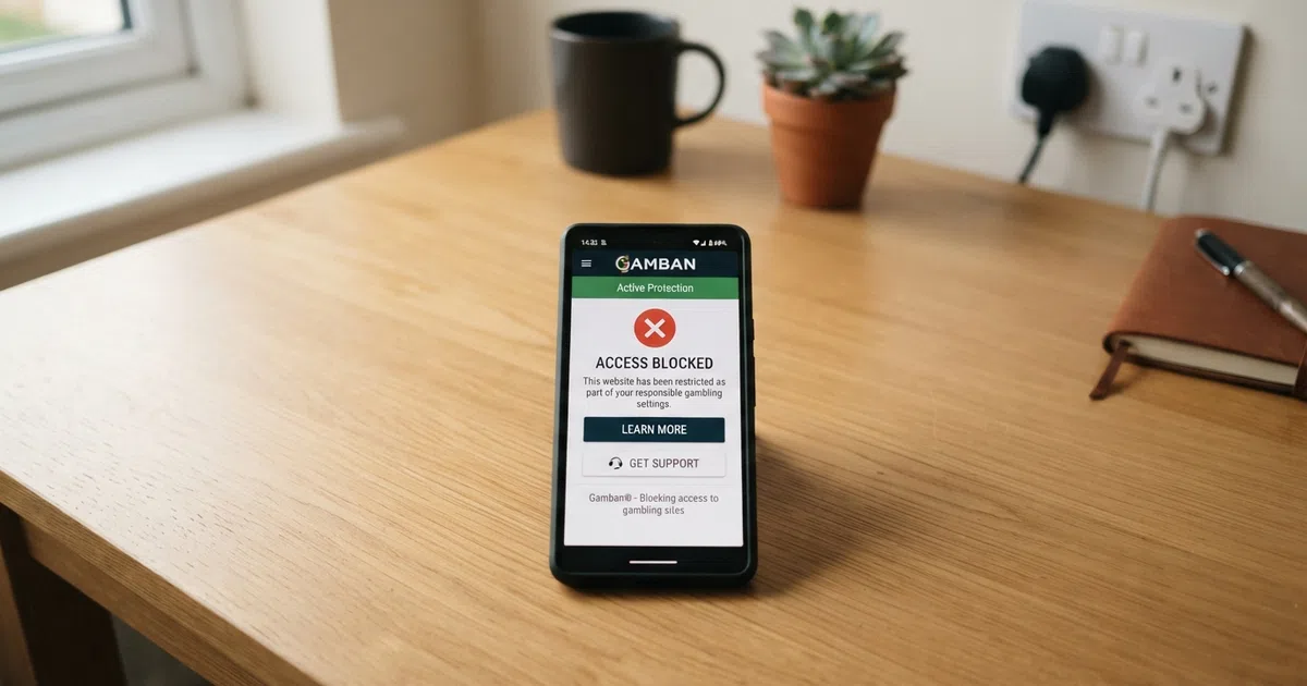 A smartphone screen showing the Gamban app interface with a blocked-site notification, photographed against a clean home-office desk with a UK plug socket visible in the background