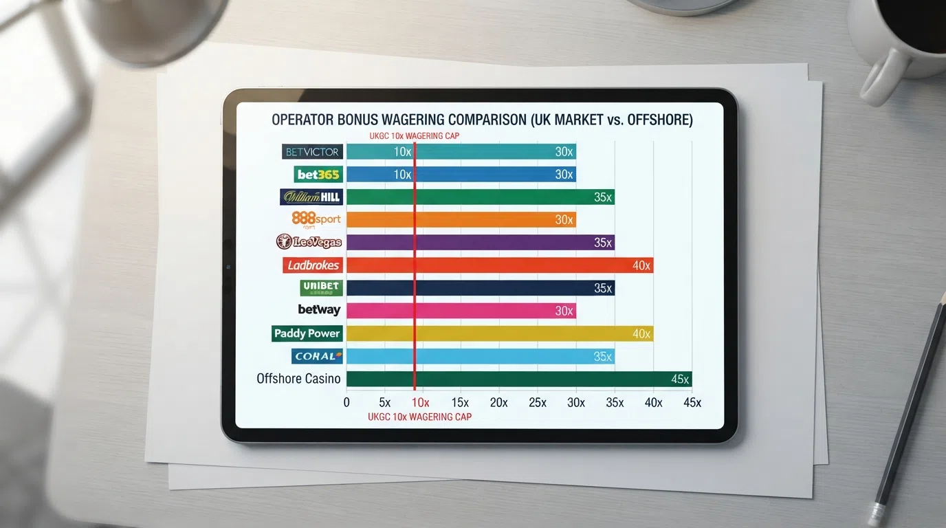 A visual comparison grid showing bonus match percentages and wagering multiples across several operator cards, with the UK's 10× cap marked as a reference line.