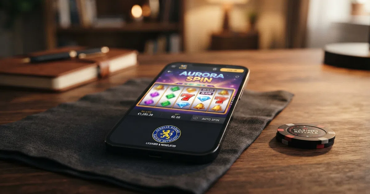 A smartphone showing an online casino lobby with a slot reel and a Curacao licence seal on the footer