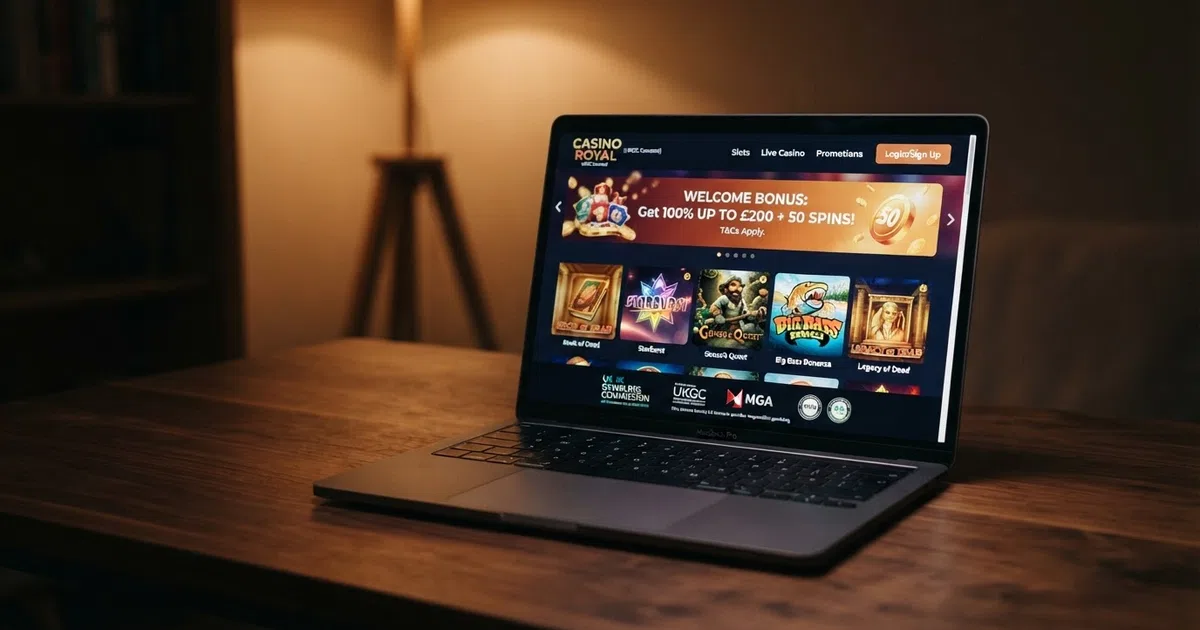 A row of European online casino homepages showing game lobbies, bonus banners and licence seals in the footer