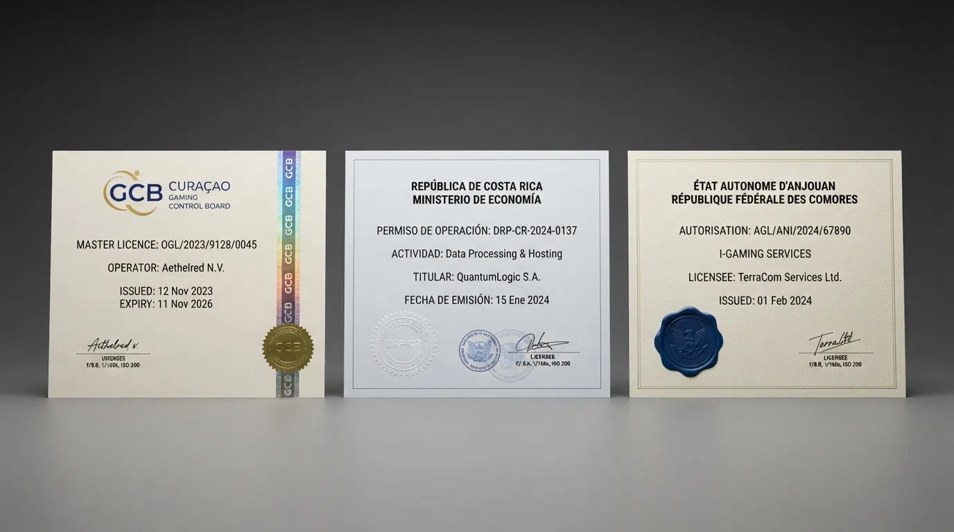 Three official-looking licence certificates laid side by side — Curaçao GCB, Costa Rica data-processing permit and Anjouan iGaming authorisation — each with a different issuing authority and seal.