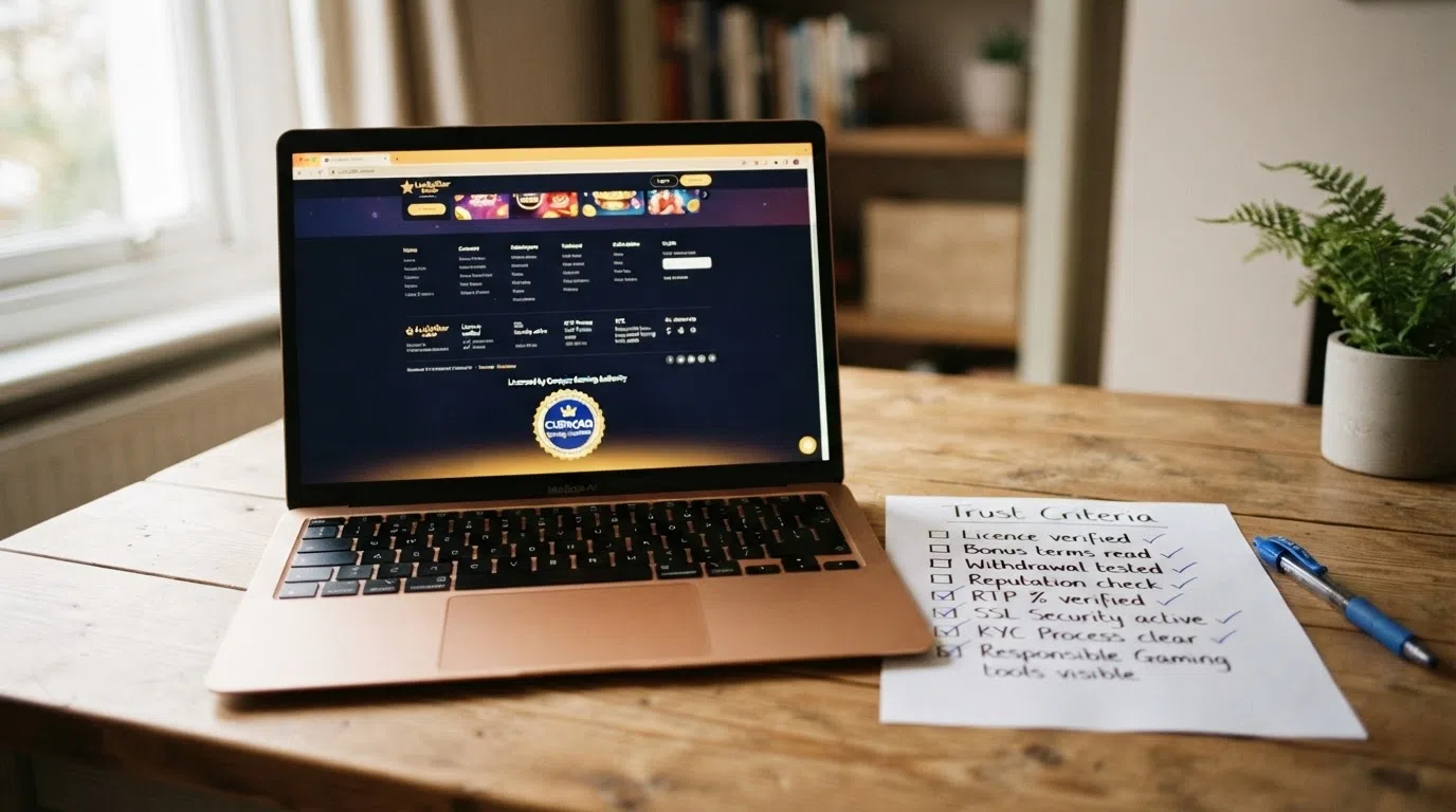 A laptop screen showing a casino footer, the Curaçao Gaming Authority licence register and a checklist of trust criteria
