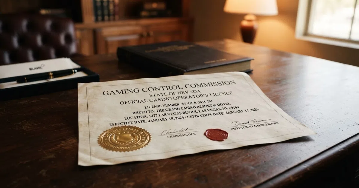 A close-up of a casino licence certificate with a regulator's seal, a licence number and an issue date visible on cream paper