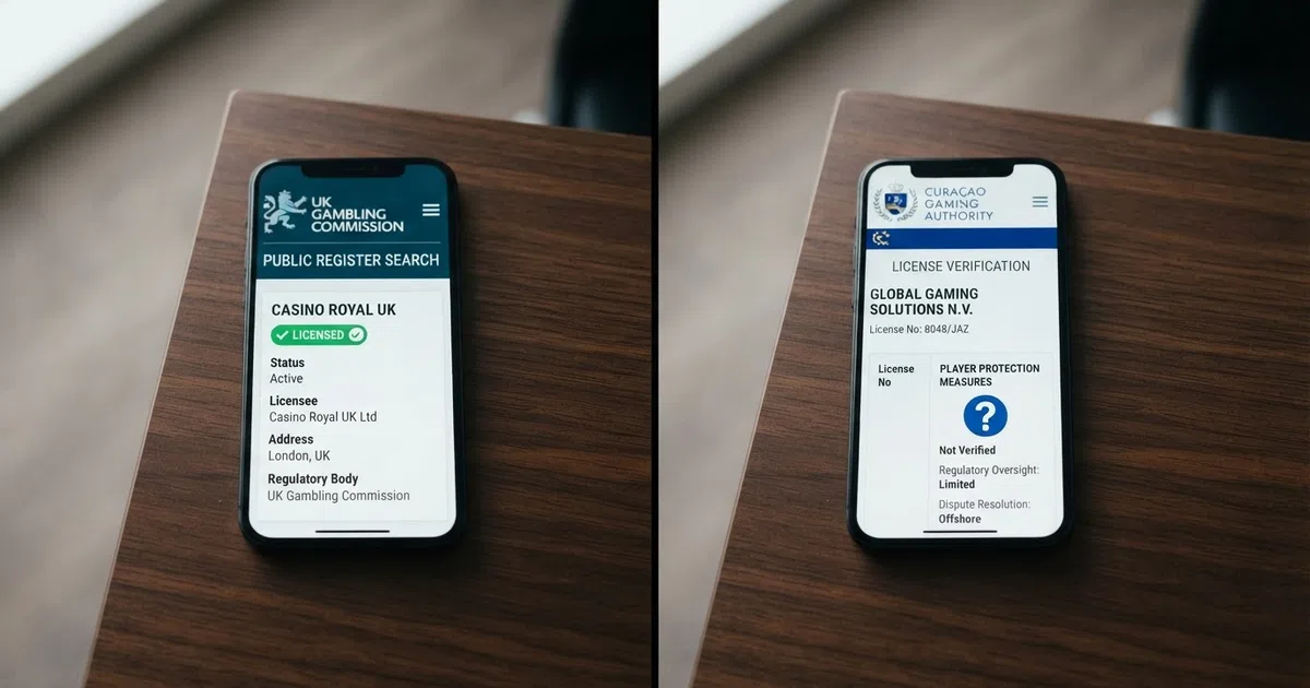A split-screen illustration: the left side shows a smartphone displaying a UKGC public-register search result with a green “Licensed” badge; the right side shows the same phone displaying a Curaçao Gaming Authority portal with a licence number and a question-mark icon over the player-protections column.