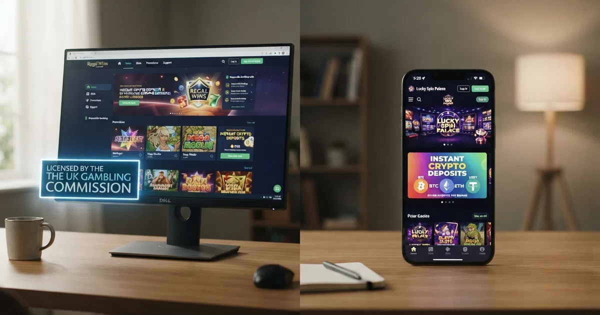 A split-screen digital illustration: on one side, a desktop browser displaying a casino lobby with a UKGC licence badge prominently visible; on the other, a mobile screen showing an offshore casino interface with no regulatory badge and a cryptocurrency deposit option highlighted