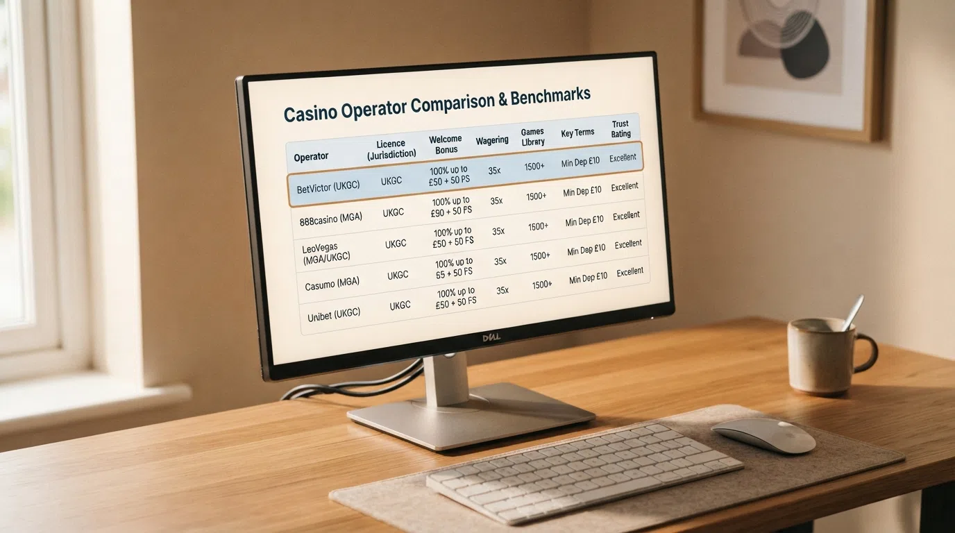 A desktop view of a casino comparison table with rows for ten operators and columns labelled Licence, Welcome Bonus, Wagering, Free Spins and Bonus Validity, with the UKGC-licensed benchmark row highlighted
