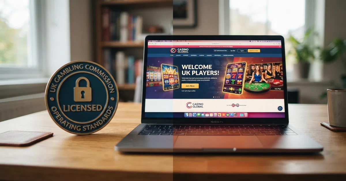 A split-screen illustration: on the left, a UKGC licence badge with a padlock icon and the words “Gambling Commission”; on the right, a browser window displaying an offshore casino homepage with a “Welcome UK Players” banner; a laptop sits in the centre foreground